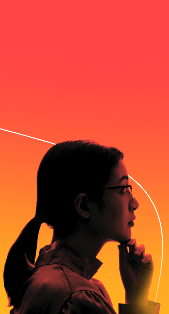 Girl in glasses with the mobile app in the background